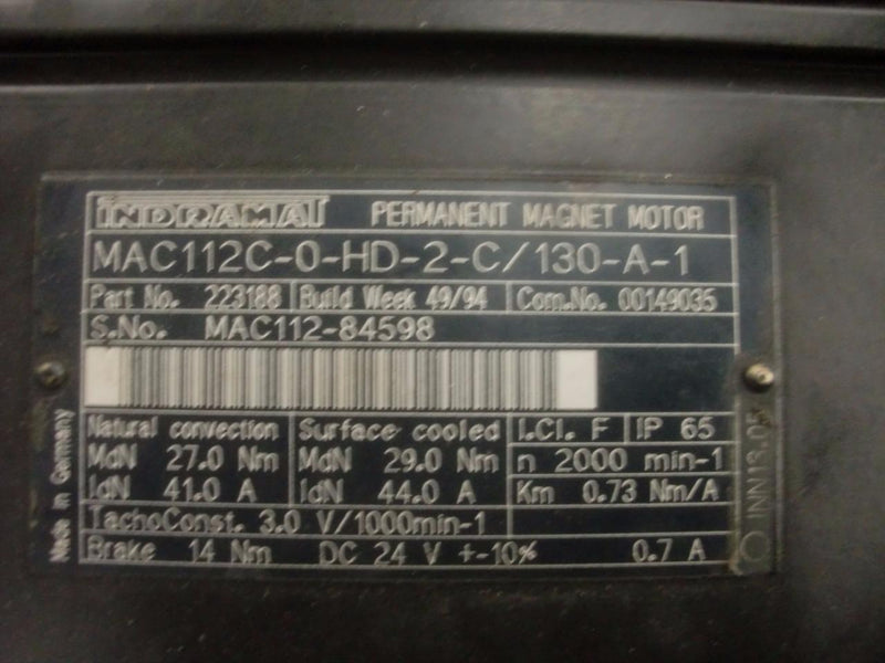 INDRAMAT PERMANENT MAGNET MOTOR MAC112C-0-HD-2-C/130-A-1