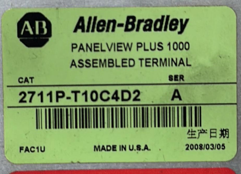 ALLEN BRADLEY PANELVIEW PLUS 1000 ASSEMBLED TERMINAL 2711P-T10C4D2 SER A