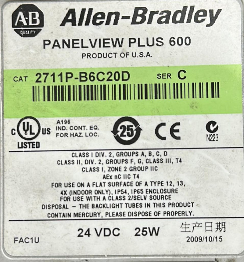 ALLEN BRADLEY PANELVIEW 600  2711P-B6C20D   SER C