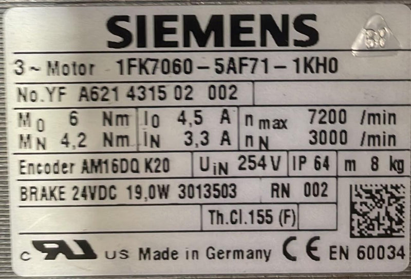 SIEMENS 1FK7060-5AF71-1KH0 SERVO MOTOR