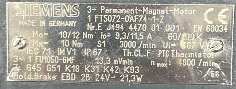 SIEMENS SERVOMOTOR 1FT5072-0AF74-1-Z