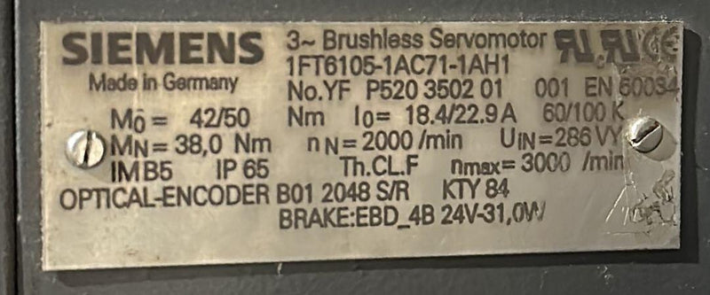 SIEMENS SERVOMOTOR 1FT6105-1AC71-1AH1