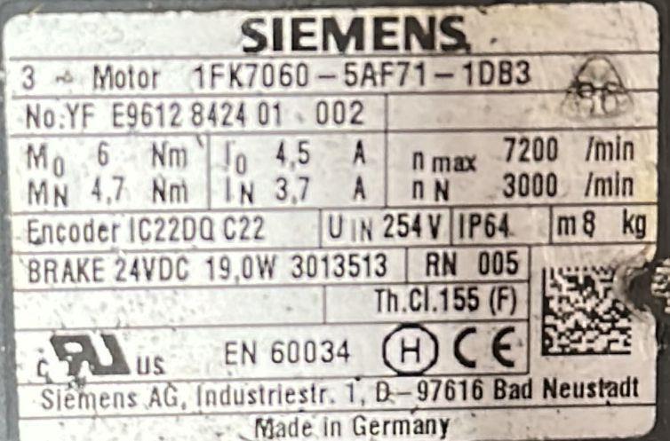 SIEMENS SERVOMOTOR 1FK7060-5AF71-1DB3