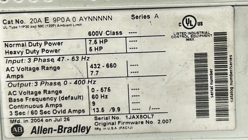 ALLEN BRADLEY POWERFLEX 70        20AE9P0A0AYNNNNN    SER A