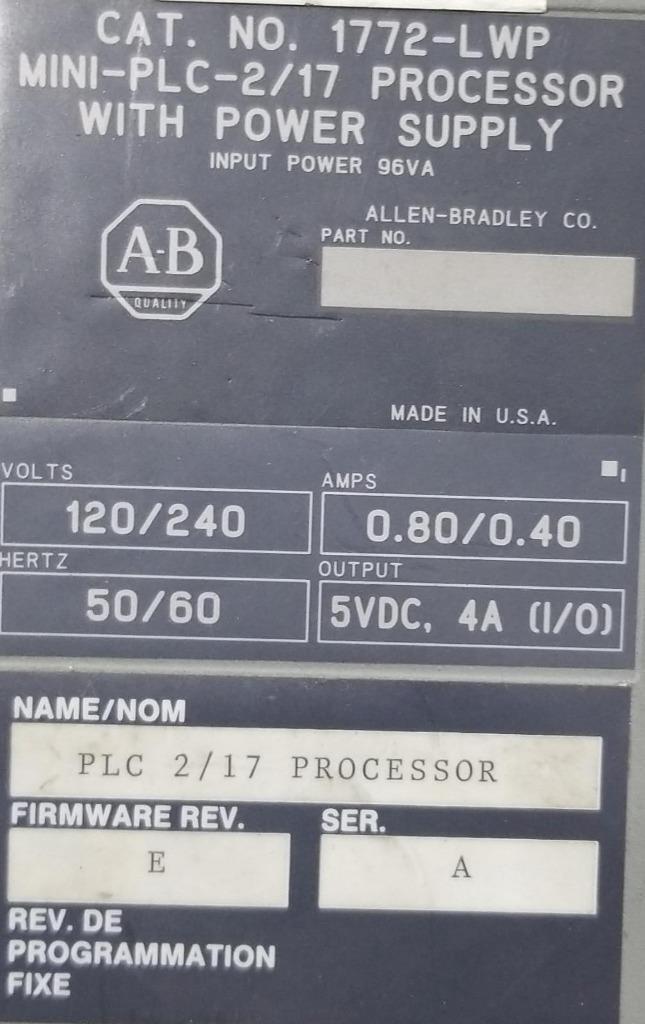 ALLEN BRADLEY MINI PLC PROCESSOR WITH POWER SUPPLY 1772-LWP A