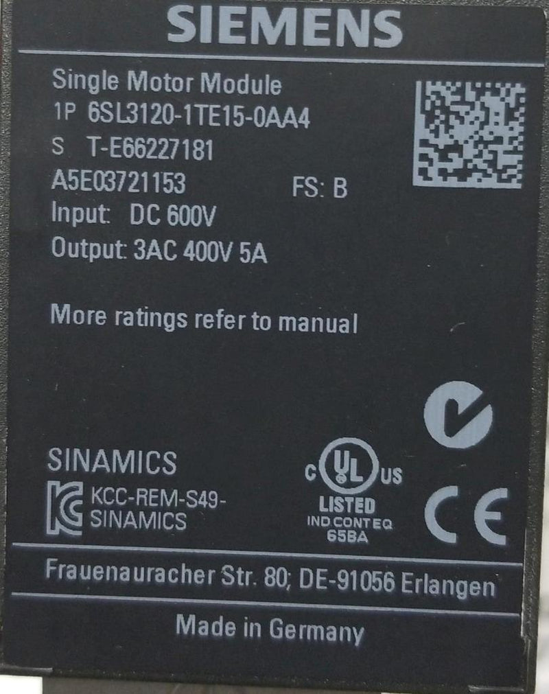 SIEMENS SINGLE MOTOR MODULE   6SL3120-1TE15-0AA4