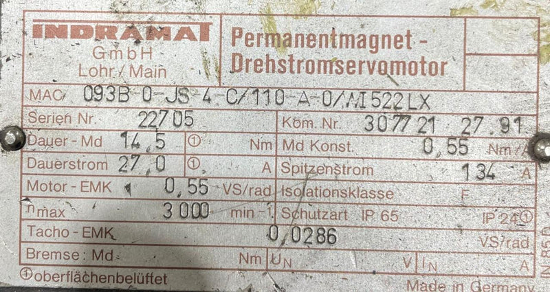 INDRAMAT SERVO MOTOR MAC093B-0-JS-4-C/110-A-0/W1522LX