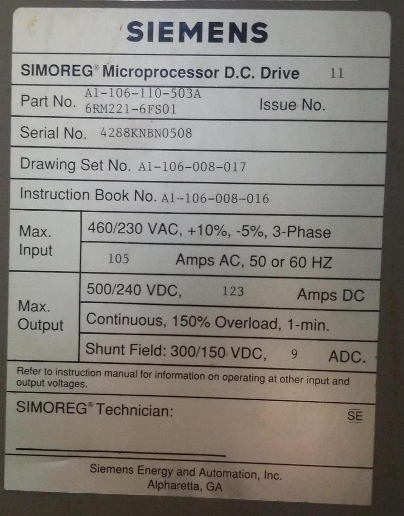 SIEMENS SIMOREG MICROPROCESSOR DC DRIVE A1-106-110-503A