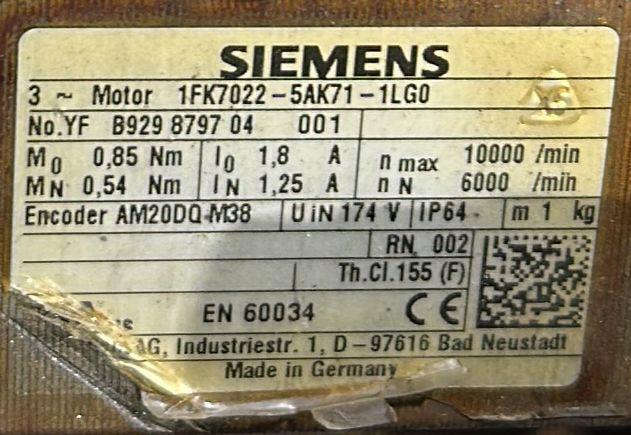 SIEMENS SERVOMOTOR 1FK7022-5AK71-1LG0