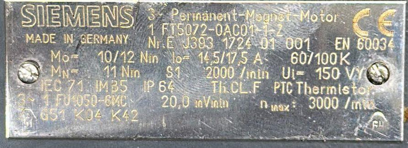 SIEMENS SERVOMOTOR 1FT5072-0AC01-1-Z