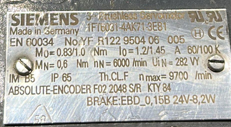 SIEMENS SERVOMOTOR 1FT6031-4AK71-3EB1