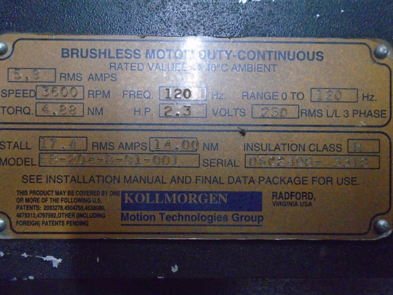 KOLLMORGEN BRUSHLESS MOTOR DUTY-CONTINUOUS  EB-204-B--91-001
