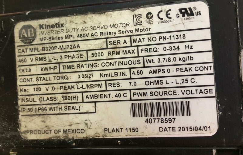 ALLEN BRADLEY SERVO MOTOR MPL-B320P-MJ72AA