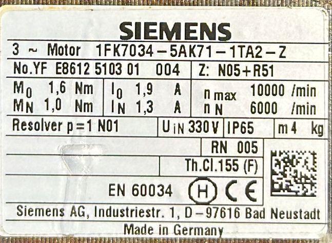 SIEMENS SERVOMOTOR 1FK7034-5AK71-1TA2-Z