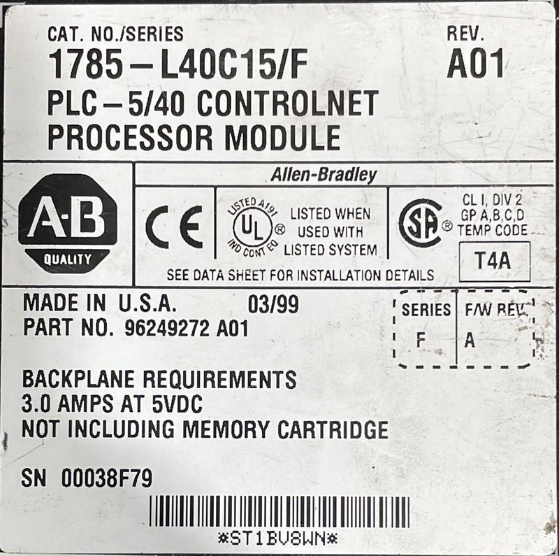 Allen-Bradley  ControlNet Processor Module 1785-L40C15/F PLC-5/40