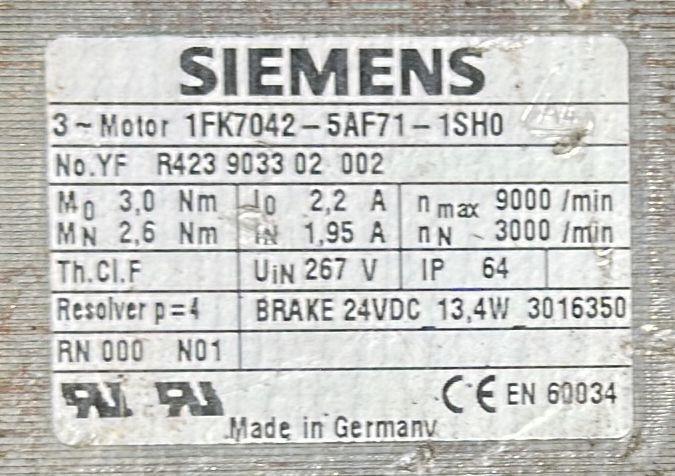 SIEMENS SERVOMOTOR 1FK7042-5AF71-1SH0