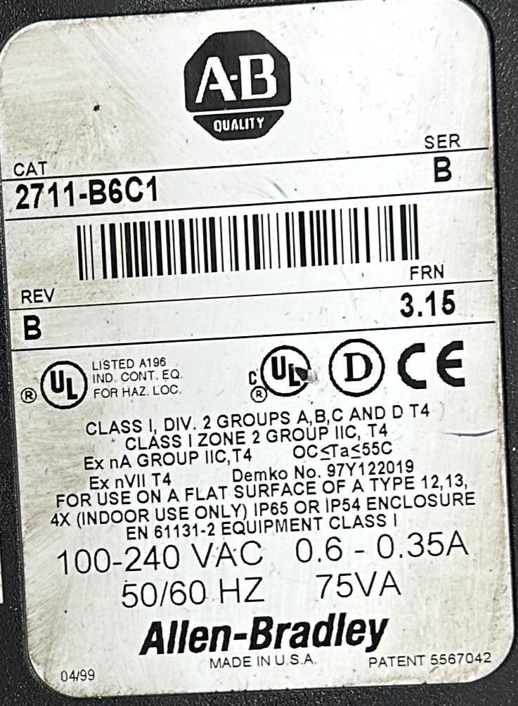 ALLEN BRADLEY PANELVIEW 600        2711-B6C1 SER B