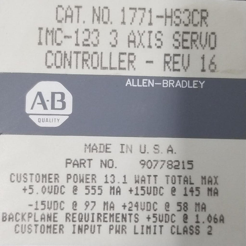 ALLEN BRADLEY 1771-HS3CR IMC-123 3 AXIS SERVO CONTROLLER  REV 16