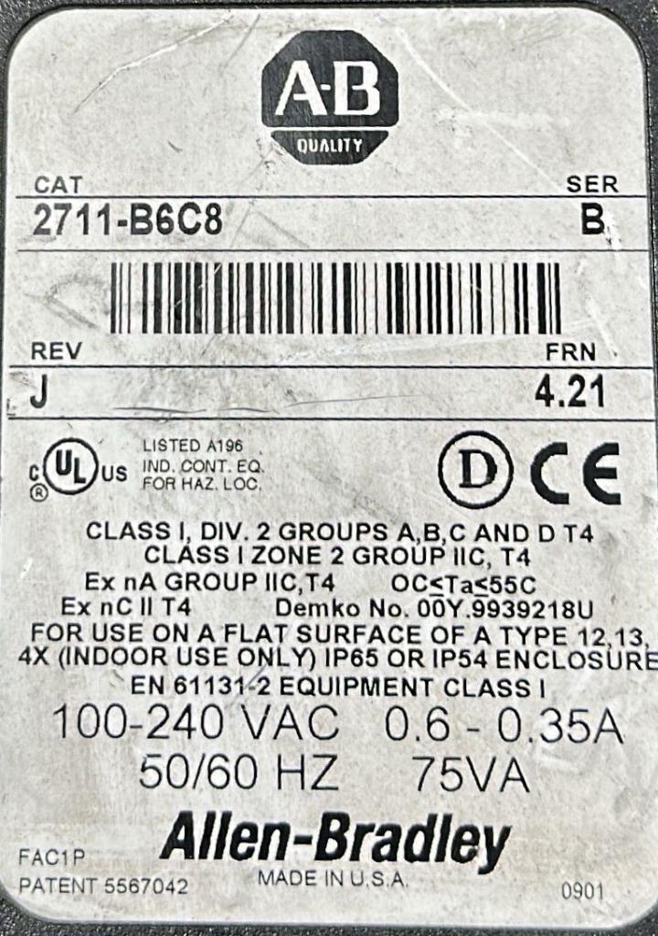 ALLEN BRADLEY PANELVIEW 600    2711-B6C8 SER B REV J